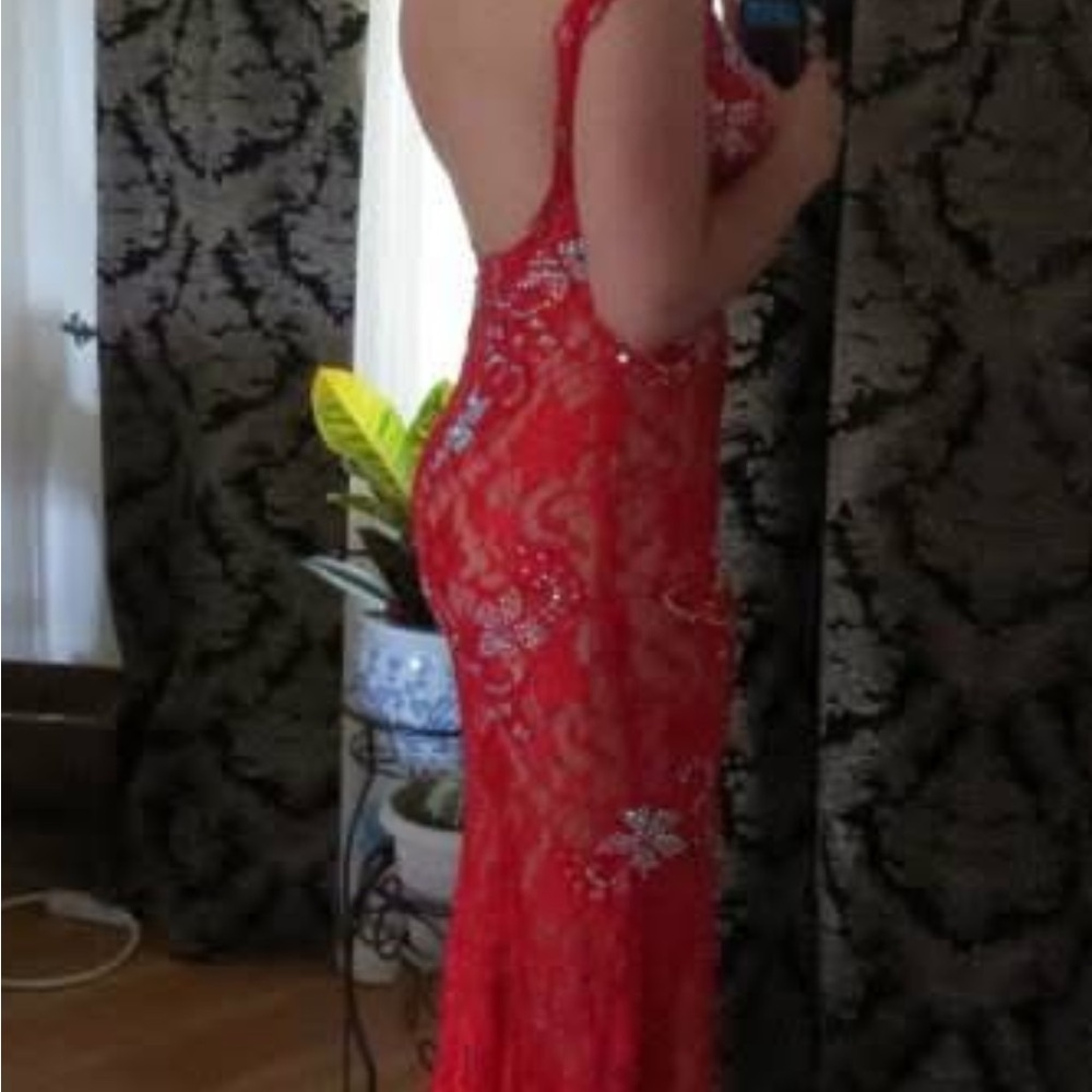 Jovani Beige and Red Lace Dress